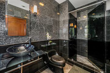a bathroom with a shower, toilet and marble counter top