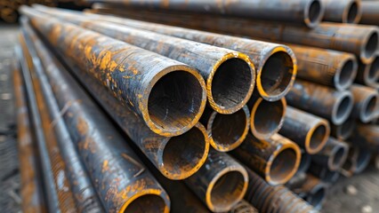 Different sizes of steel pipes stacked for use as connectors in construction. Concept Construction, Steel Pipes, Connectors, Sizes, Stacked