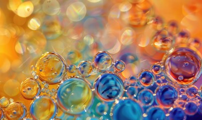 Closeup view on water bubbles, abstract background with bokeh light