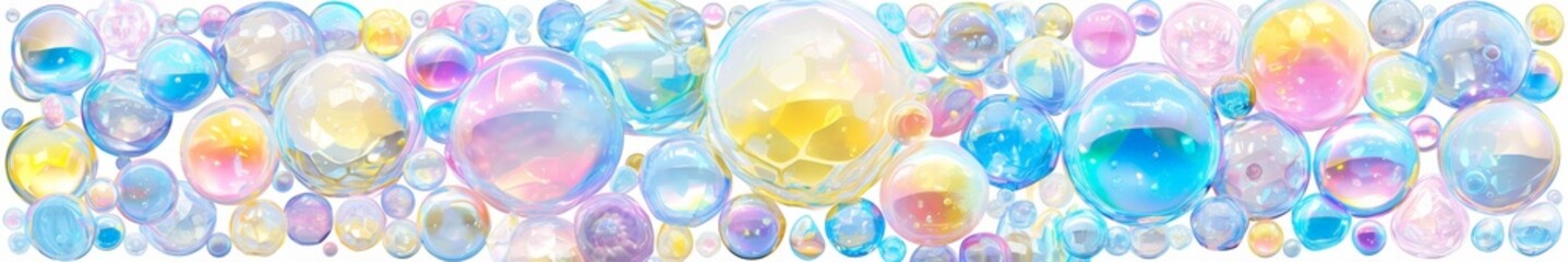 A row of colorful soap bubbles in various sizes, aligned horizontally against a white background, displaying iridescent surfaces. Ultra wide - obrazy, fototapety, plakaty