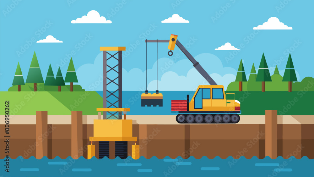 Poster steel sheet piles being driven deep into the ground to create a cofferdam allowing a construction te