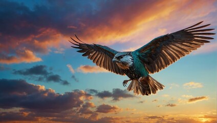 Obraz premium an eagle flying in the sky with a sunset behind it
