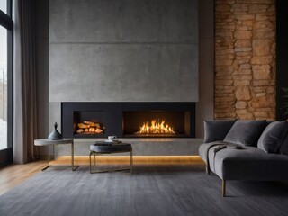 Discover minimalist elegance, in a modern living room with a fireplace and concrete walls, where simplicity meets sophistication in a harmonious blend of form and function.