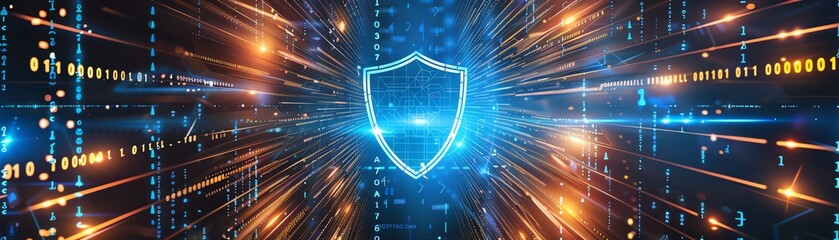 futuristic Visual digital background with virtual shield in center and binary code around, copy space