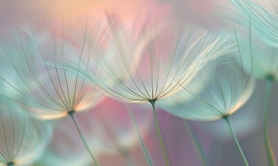 Dandelion seeds dancing in the breeze, closeup view on dandelion seeds