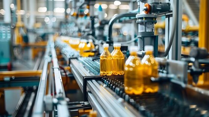 Fototapeta premium Factory assembly line produces plastic bottles with automation for efficiency and speed. Concept Plastic Bottles, Factory Automation, Efficiency, Assembly Line, Production Speed