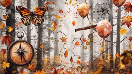 Fall forest scene with dropping liquid leaves, hexagonal autumn motifs, forest butterfly, old-fashioned compass, and fall-themed balloons.