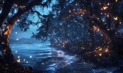 Fireflies dancing among the trees while fireflies glow underwater