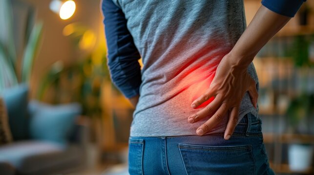 Person with sciatica grabbing lower back leg partially