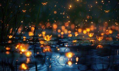 Fireflies illuminating a garden while fireflies light up the underwater world