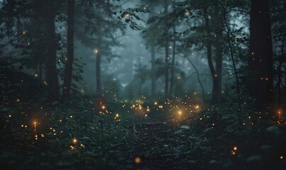 Fototapeta premium Fireflies glowing in the forest, enchanting nature background