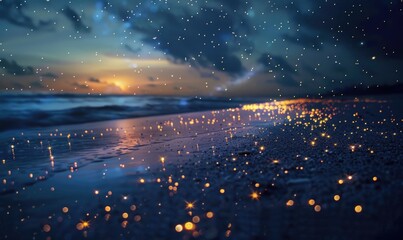 Fireflies sparkling in the night sky while sea fireflies illuminate the ocean floor