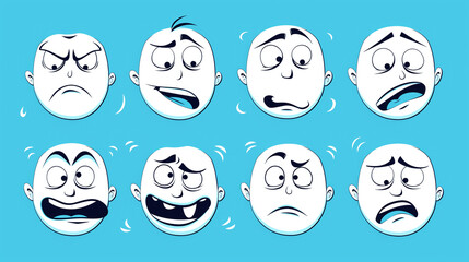 A set of eight expressive cartoon faces on a bright blue background, each showing a different emotion.