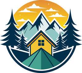 house in the mountains and trees logo design, Forest camping logo, summer camping logo design, 