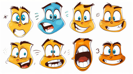 Collection of nine expressive cartoon faces showing a range of emotions from shock to joy.