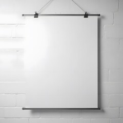 Blank white poster hanging on a wall with two metal clips