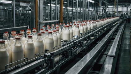 Fototapeta premium milk bottles are lined up on a conveyor belt in Milk Factory