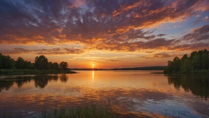Obraz premium sunset over a lake and a forest in the background
