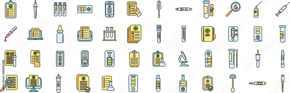 Poster test result icons set outline vector. hiv test. rapid kit thin line color flat on white