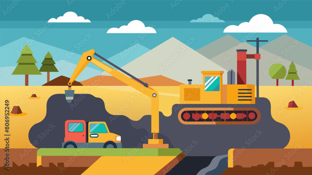 Poster the third illustration shows the initial digging and excavation process with massive machinery diggi