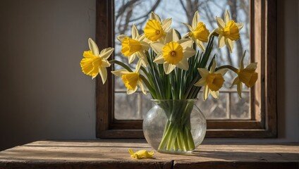 daffodils in a vase on a table by a window