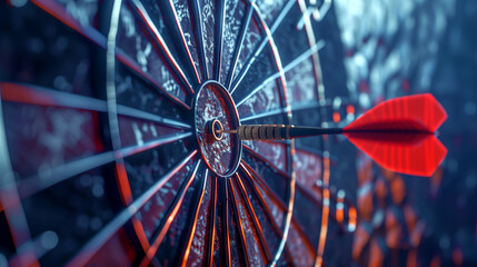 Close-up of a dart hitting the bullseye on a dartboard, showcasing accuracy and precision.