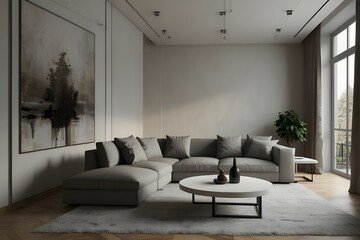 Light meeting interior with couch, eating zone and panoramic window.generative.ai