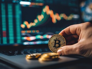 Man Holding a Bitcoin infront of the Charts