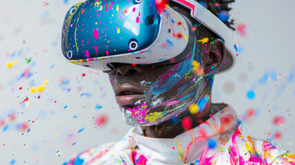 Artist paints vibrant canvases, expressing creativity and emotion with every brushstroke with virtual reality sunglass