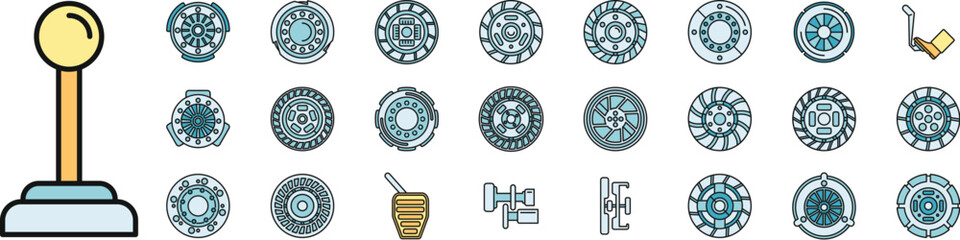 Clutch icons set outline vector. Machine engine. Auto parts thin line color flat on white