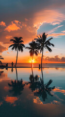 Fototapeta na wymiar Golden Hour Beach Sunset featuring Silhouettes of People and Tropical Palm Trees