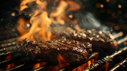 Grilling steaks on flaming grill and shot