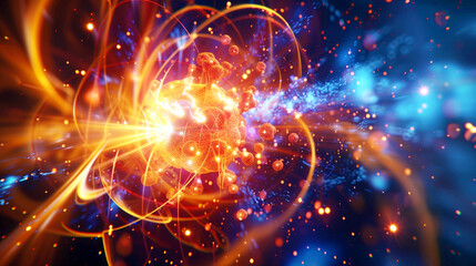 Dynamic and colorful depiction of atomic particles in an explosive reaction with vibrant light effects.