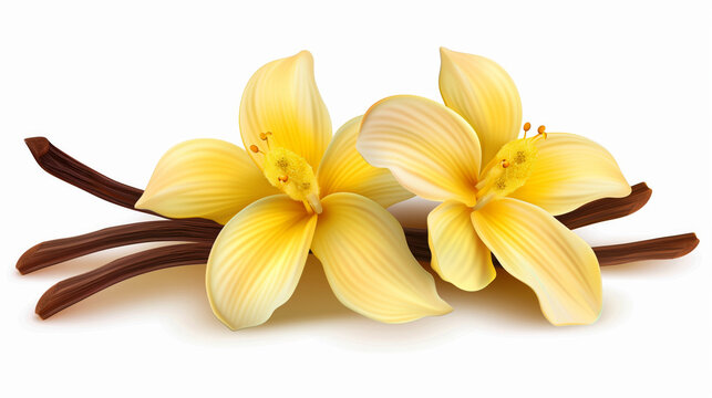 Highly detailed illustration of three yellow vanilla flowers with brown vanilla pods.