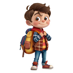 Cute cartoon boy student isolated on transparent background. 