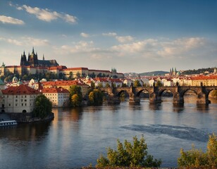 Fototapeta na wymiar Experience the charm of Prague's skyline, with its historic landmarks such as the Prague Castle and the Charles Bridge set against the backdrop of the Vltava River.