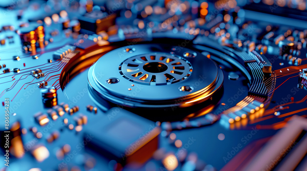 Canvas Prints Close-up of an electronic circuit board with a central hard disk drive component, showcasing a detailed tech view.