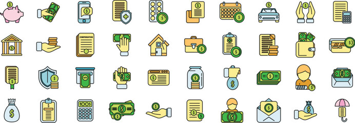 Compensation icons set outline vector. Pension money. Fund bank thin line color flat on white