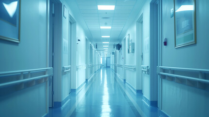 Empty hospital corridor with shiny floors, modern doors, and various medical accessories on the walls.