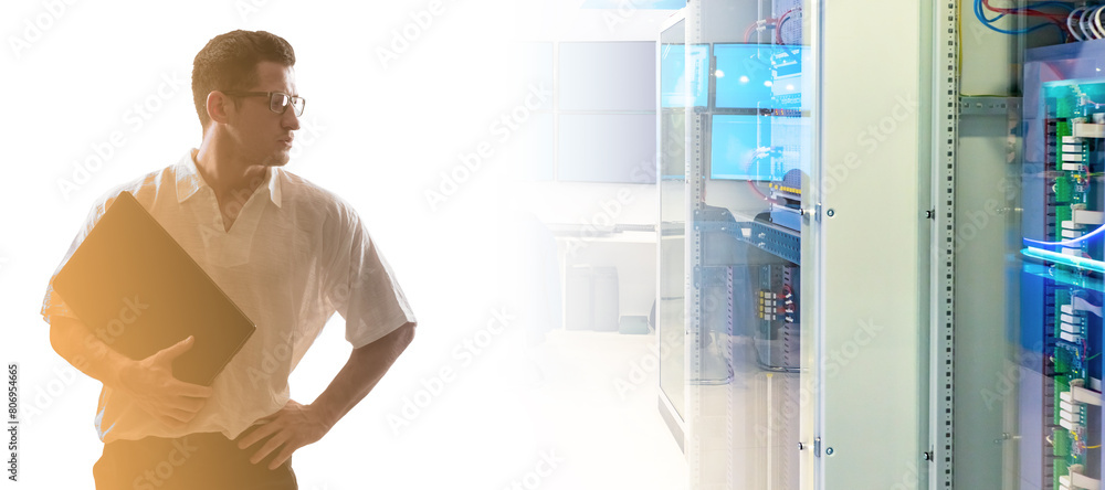 Aufkleber man system administrator. cabinets with server equipment. factory automation engineer. guy near serv