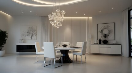 Modern minimalist dining room with wooden elements and calming light.generative.ai