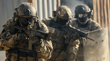 Fototapeta premium Three soldiers are in a battle, one of them is holding a gun