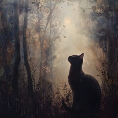 Silhouetted Feline Elegance in the Ethereal Dusk of an Enchanted Forest