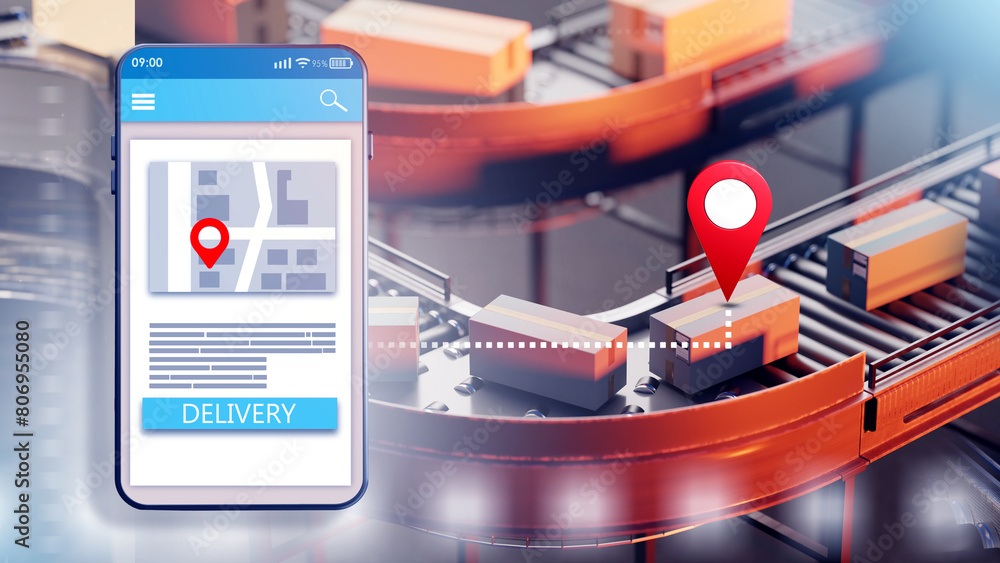 Poster delivery technology. conveyor with boxes. phone with courier application. delivery button on smartph