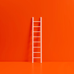 Wooden staircase near wall. Steps on red background. Molar stepladder. Stairs as metaphor for growth. Template for motivational advertising. Staircase symbolizes career advancement. 3d image