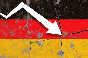 Crisis in Germany. Downward graph symbolizes recession. Germany flag on broken wall. Economic...