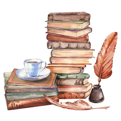 Vintage books with coffee cup and ink feather quill set. Watercolor hand painted illustration.