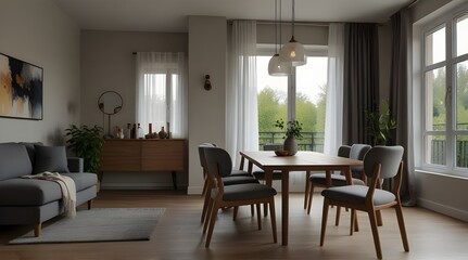Light eating room interior with table and seats, stand and mockup frame.generative.ai