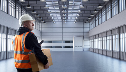 Man in empty warehouse. Guy with box in industrial hangar. Manager in factory building. Storekeeper...