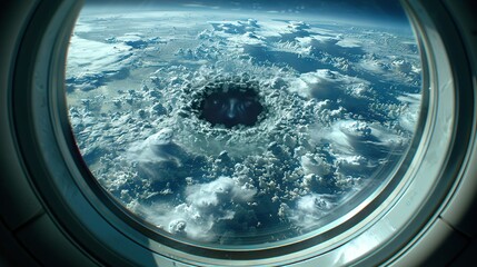   The image taken from an airplane window displays clouds and a black hole as its focal point, while the Earth appears in the background